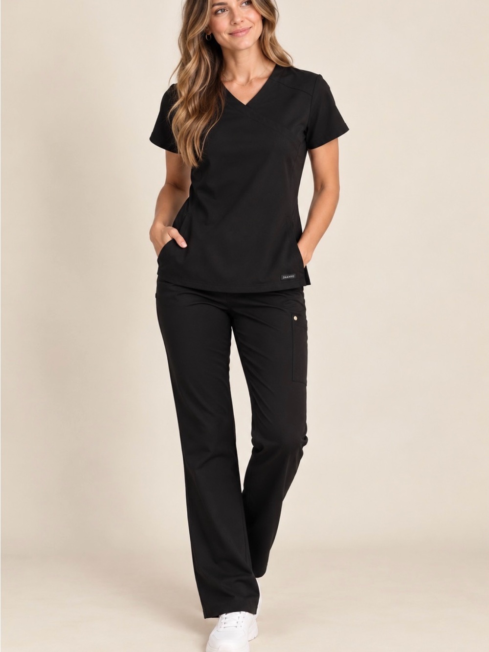 Jaanuu Black Scrub Set – Woven Top & Bootcut Knit Pants S/M